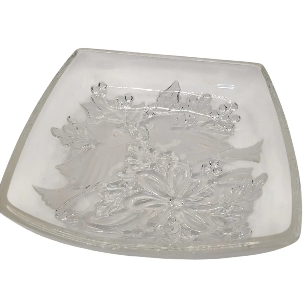 Vintage Gorham Crystal Square Bowl Dish Etched Cardinals Christmas Holly‎ Ribbon